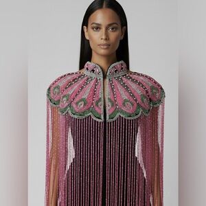 Pink Green and Pearls Hand beaded fringe Cape